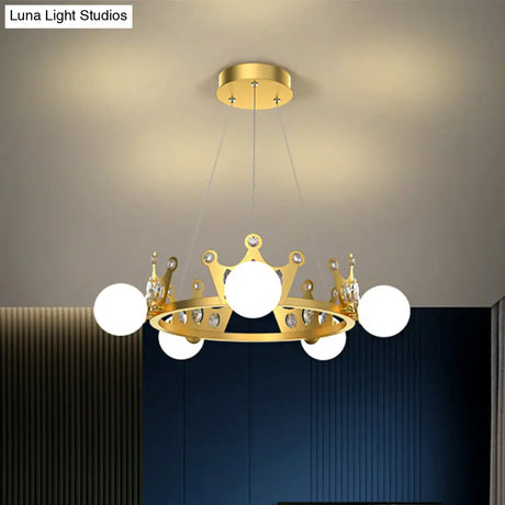 Gold Metal Crown Chandelier Lamp For Kids - 5/8 Lights Hanging Pendant With Frosted Glass Ball Shade