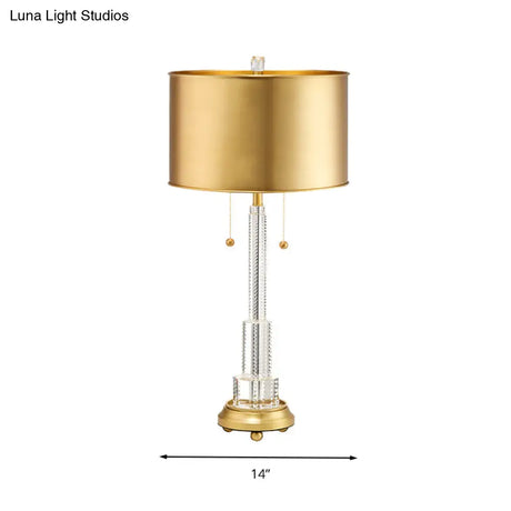 Gold Metal Drum Shade Crystal Table Lamp - Modern Single Bulb Night Light For Bedrooms