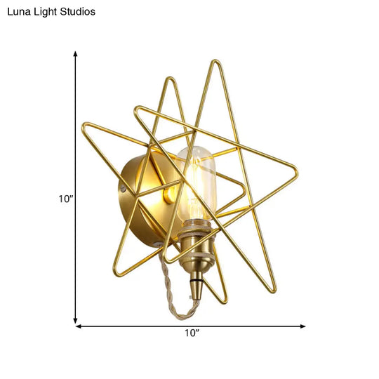 Gold Metal Exposed Bulb Wall Lamp With Star Cage - Colonialist 1 Head Sconce Light For Living Room