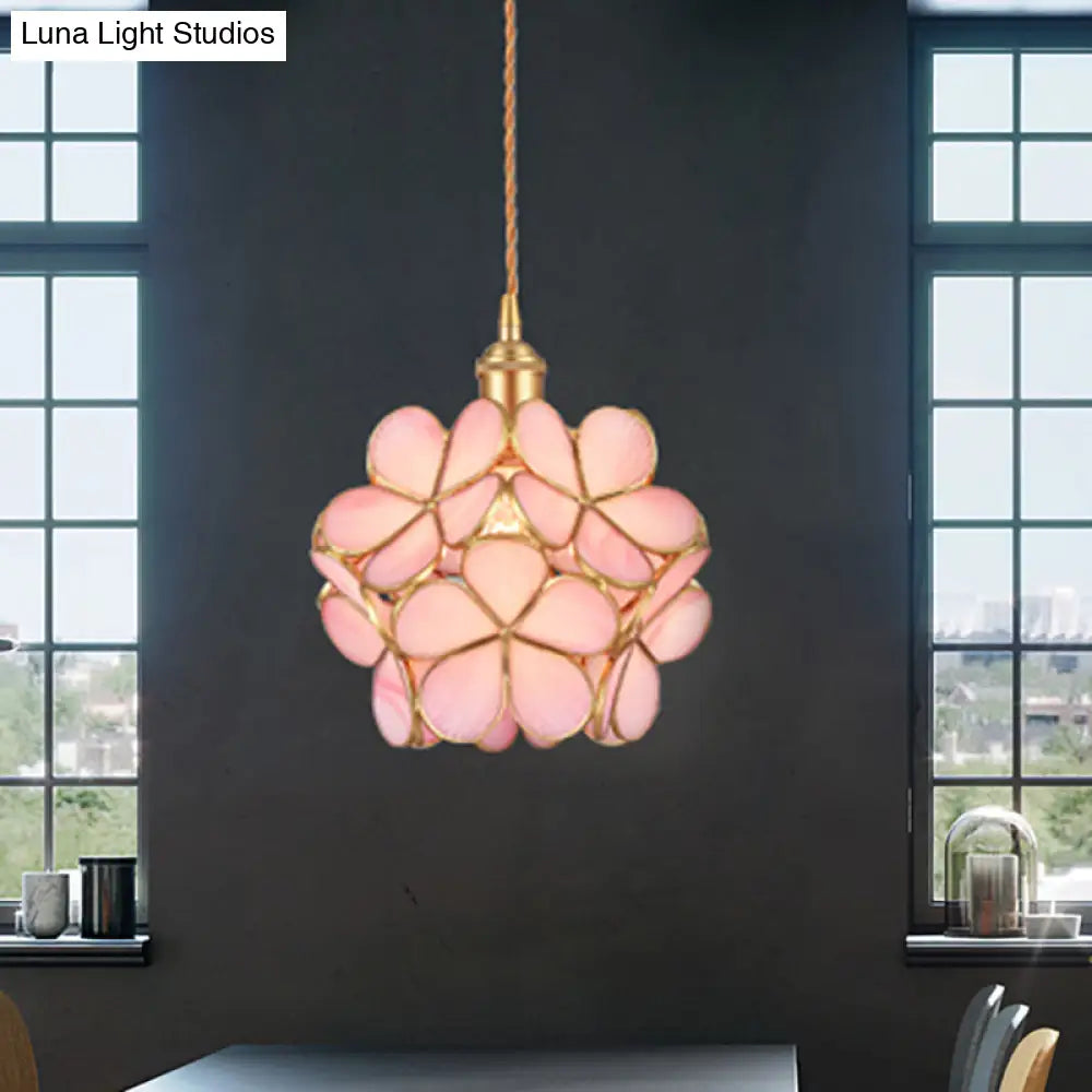 Gold Metal & Glass Flower Dining Table Pendant Light - Single Hanging Lamp Pink
