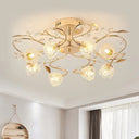 Gold Metal Leaf Design Semi Flush Mount Ceiling Light With Prismatic Crystal Flowers And 8 Bulbs -