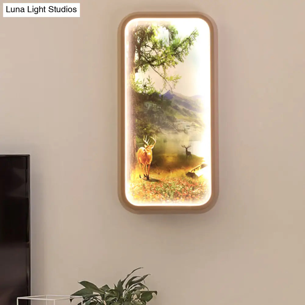 Gold Metal Led Wall Mount Lamp: Minimalist Rectangle With Forest And Deer Pattern
