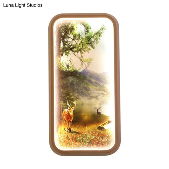 Gold Metal Led Wall Mount Lamp: Minimalist Rectangle With Forest And Deer Pattern