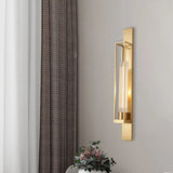 Gold Metal Linear Sconce Lighting With Ribbed Glass Shade - Modern Corner Wall Mount Lamp