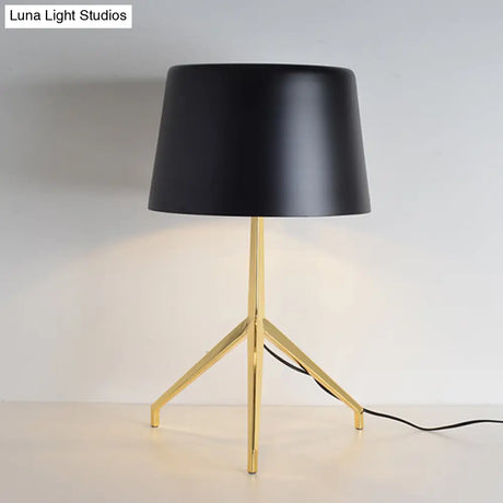 Gold Metal Tripod Nightstand Lamp With Barrel Shade For Bedroom Simple & Elegant Design