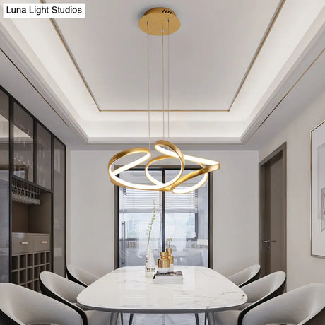 Gold Metal Twisty Led Chandelier - Simple Style Hanging Lamp For Restaurants
