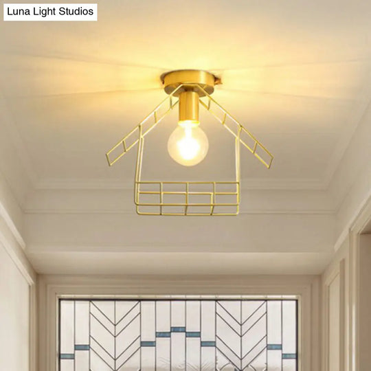 Gold Metallic House Shaped Semi Flush Light - Simplicity Ceiling Fixture For Corridors