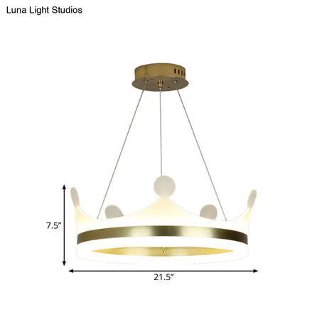 Gold Metallic Kids Crown Hanging Lamp - Led Chandelier For Girls Bedroom Warm/White Light