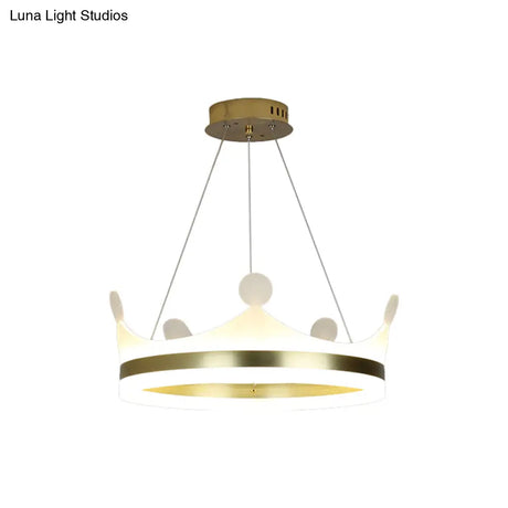 Gold Metallic Kids Crown Hanging Lamp - Led Chandelier For Girls Bedroom Warm/White Light