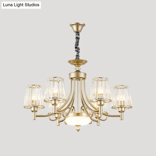 Gold Minimalist Cone Pendant Light With Clear Crystal Blocks - 3/6 Bulbs Perfect For Bedroom