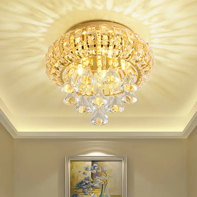 Gold Modern Round Ceiling Light With 5 Hand-Cut Crystal Heads - Flush Mount Lamp For Foyer