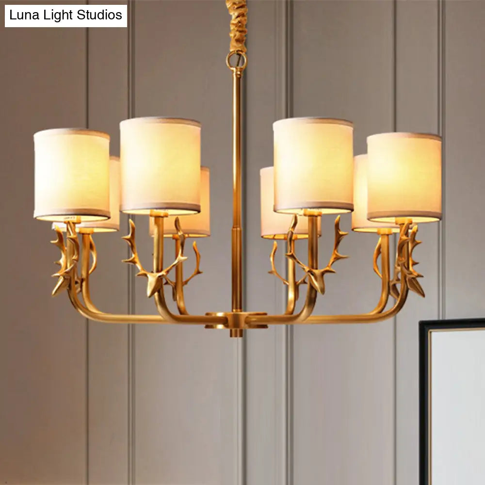 Gold Nordic Cylindrical Chandelier With Antler Deco - Fabric Suspension Light For Living Room