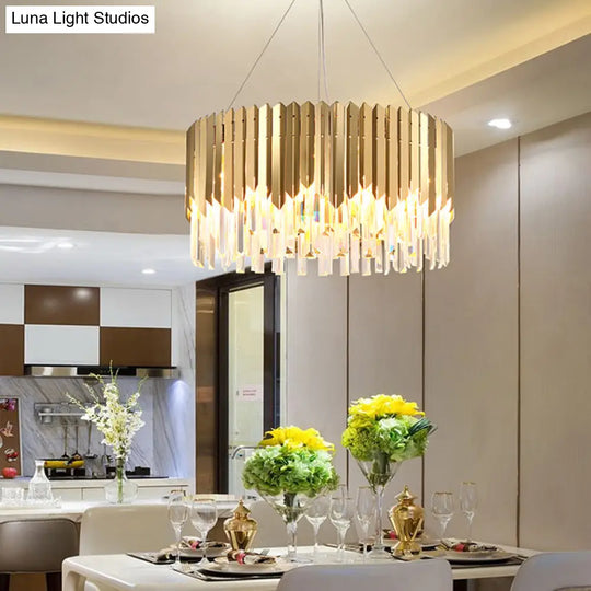 Gold Pendant Chandelier With Tri-Sided Crystal Rod Drum - Postmodern Design 6 Heads Hanging Light