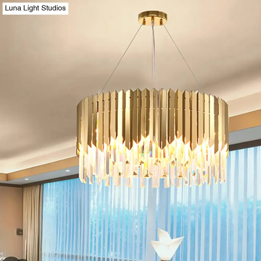 Gold Pendant Chandelier With Tri-Sided Crystal Rod Drum - Postmodern Design 6 Heads Hanging Light