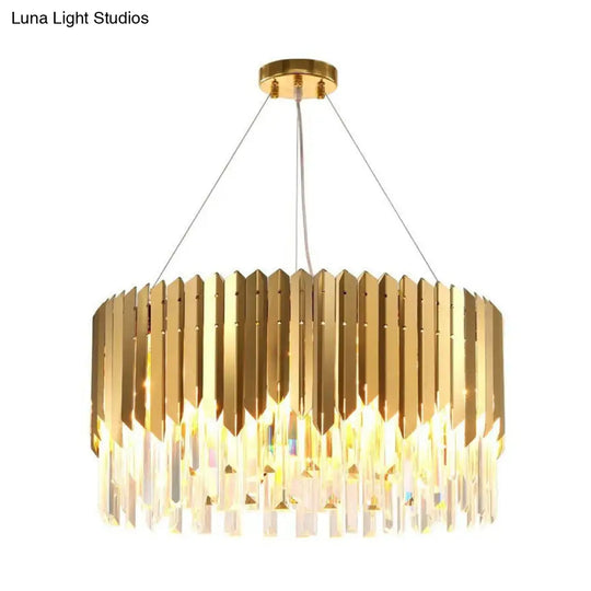 Gold Pendant Chandelier With Tri-Sided Crystal Rod Drum - Postmodern Design 6 Heads Hanging Light