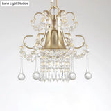 Gold Pendant Lamp With Crystal Droplet - Classic Style Metal Frame Ceiling Light 1 Bulb