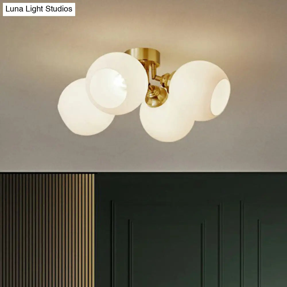 Gold Plated Semi-Flush Ceiling Light With Milky Glass Dome For Bedroom