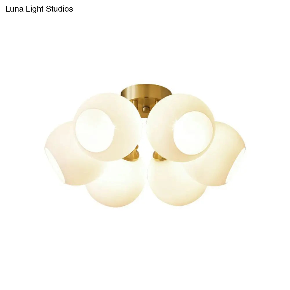 Gold Plated Semi - Flush Ceiling Light With Milky Glass Dome For Bedroom 6 /