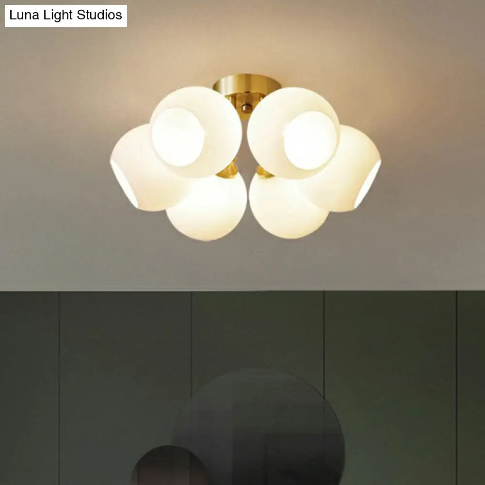 Gold Plated Semi-Flush Ceiling Light With Milky Glass Dome For Bedroom