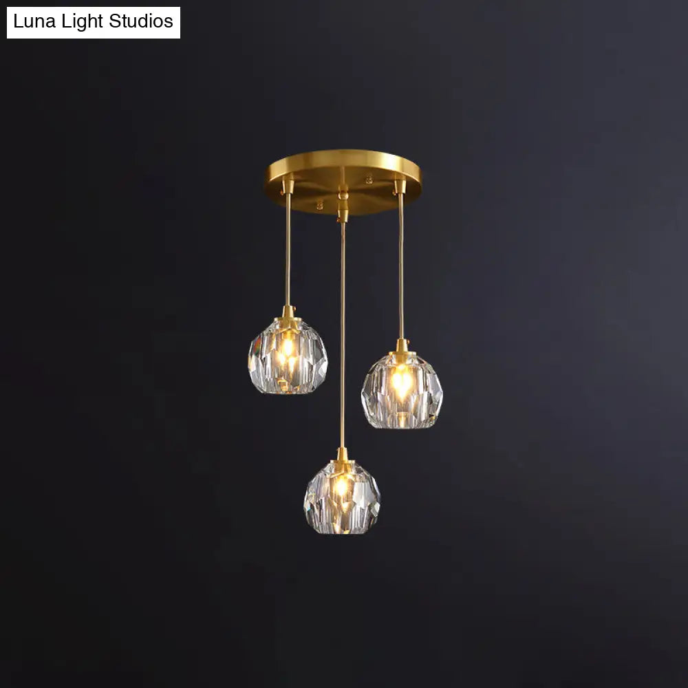 Gold Crystal Pendant Light - Postmodern Shaded Suspension 3 Heads Dining Room / Round