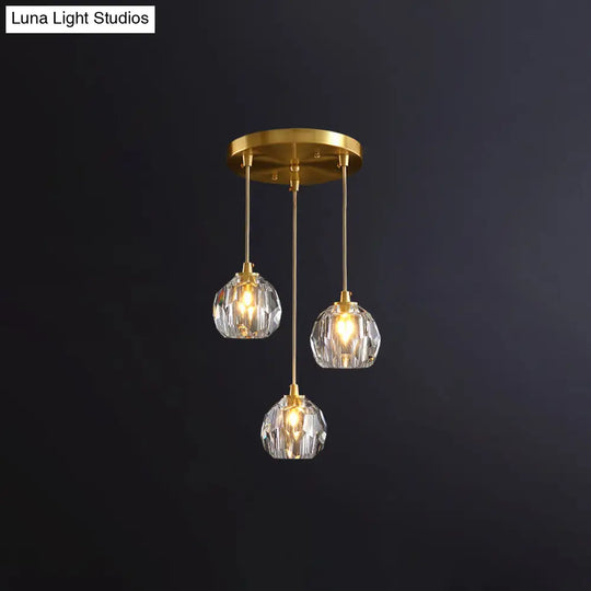 Gold Crystal Pendant Light - Postmodern Shaded Suspension 3 Heads Dining Room / Round