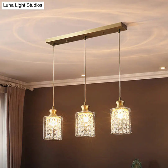 Gold Crystal Pendant Light - Postmodern Shaded Suspension 3 Heads Dining Room / Cylinder