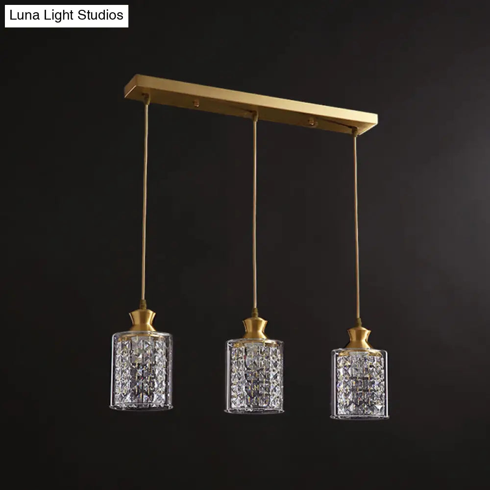 Gold Postmodern Crystal Pendant Light With 3 Shaded Heads For Dining Room Suspension
