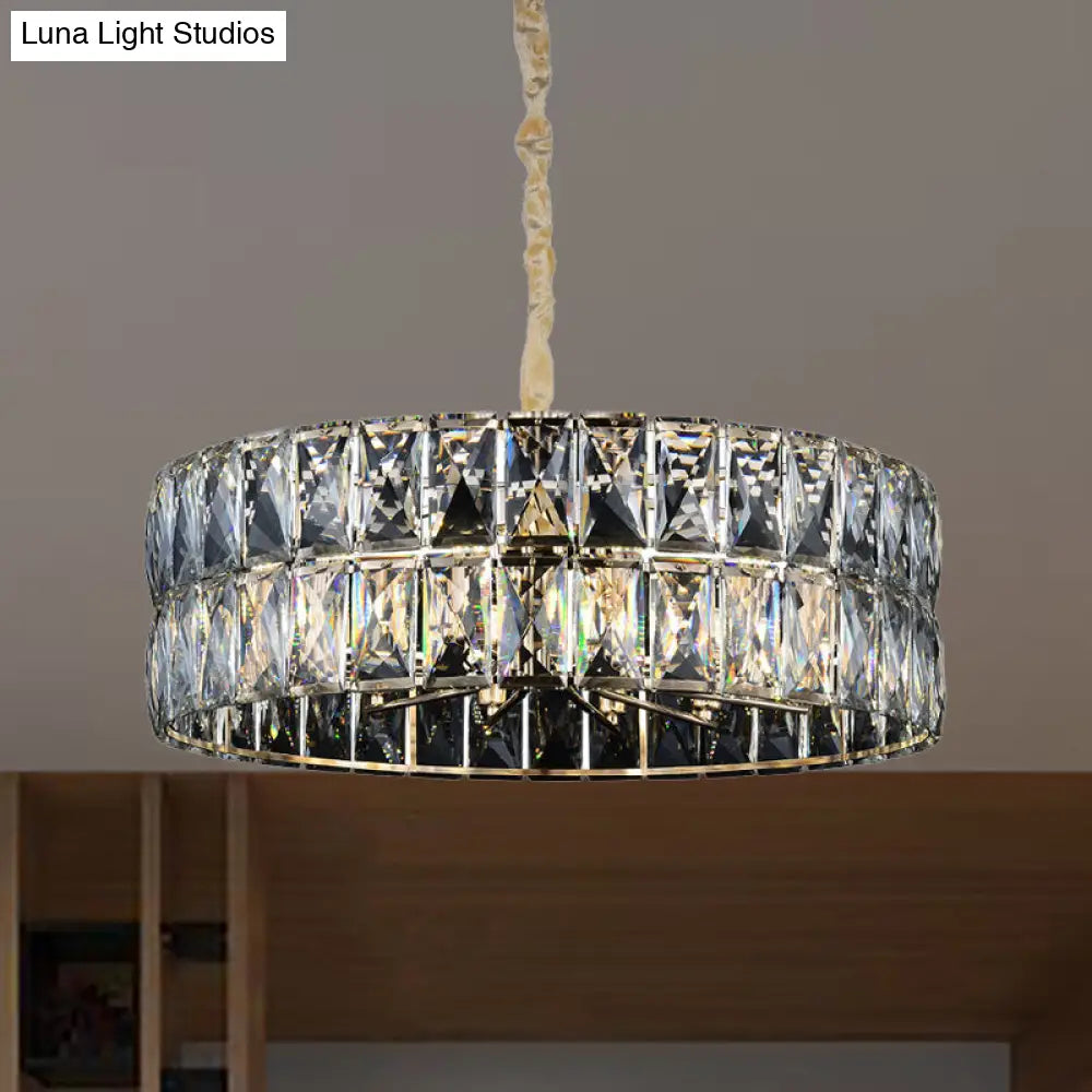 Gold Postmodern Drum Chandelier Light - Faceted Crystal 8 Lights Ceiling Hanging Fixture
