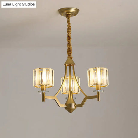 Gold Prismatic Crystal Cylinder Chandelier Lamp With 3/6 Bulbs - Postmodern Hanging Light