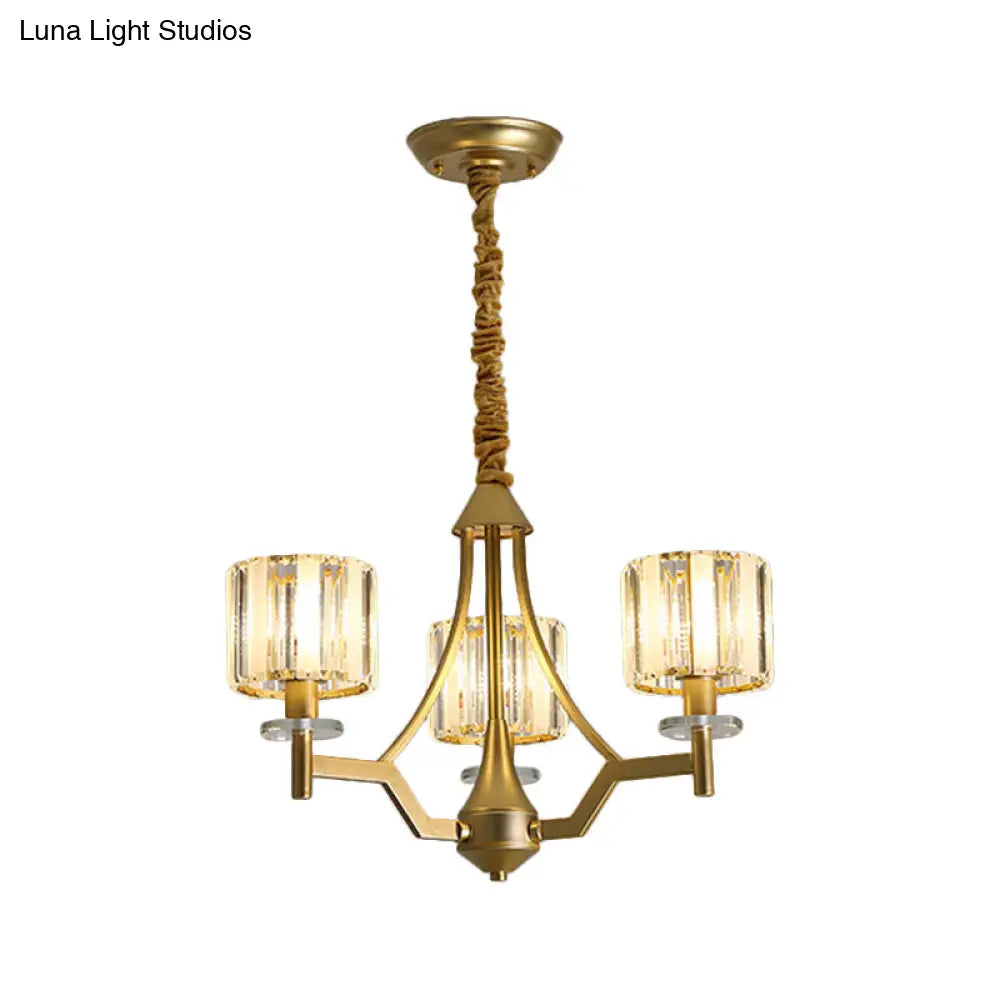 Gold Prismatic Crystal Cylinder Chandelier Lamp With 3/6 Bulbs - Postmodern Hanging Light