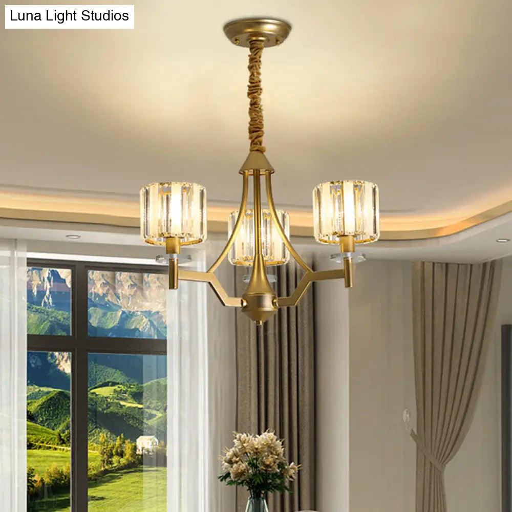 Modern Gold Cylinder Chandelier Lamp: Prismatic Crystal Hanging Light (3/6 Bulbs) 3 /