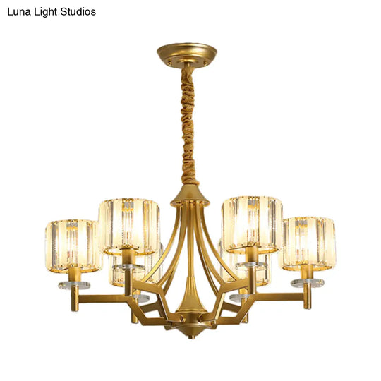 Gold Prismatic Crystal Cylinder Chandelier Lamp With 3/6 Bulbs - Postmodern Hanging Light