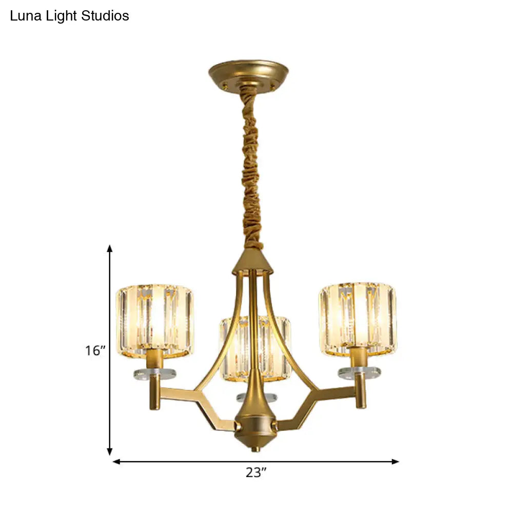 Modern Gold Cylinder Chandelier Lamp: Prismatic Crystal Hanging Light (3/6 Bulbs)