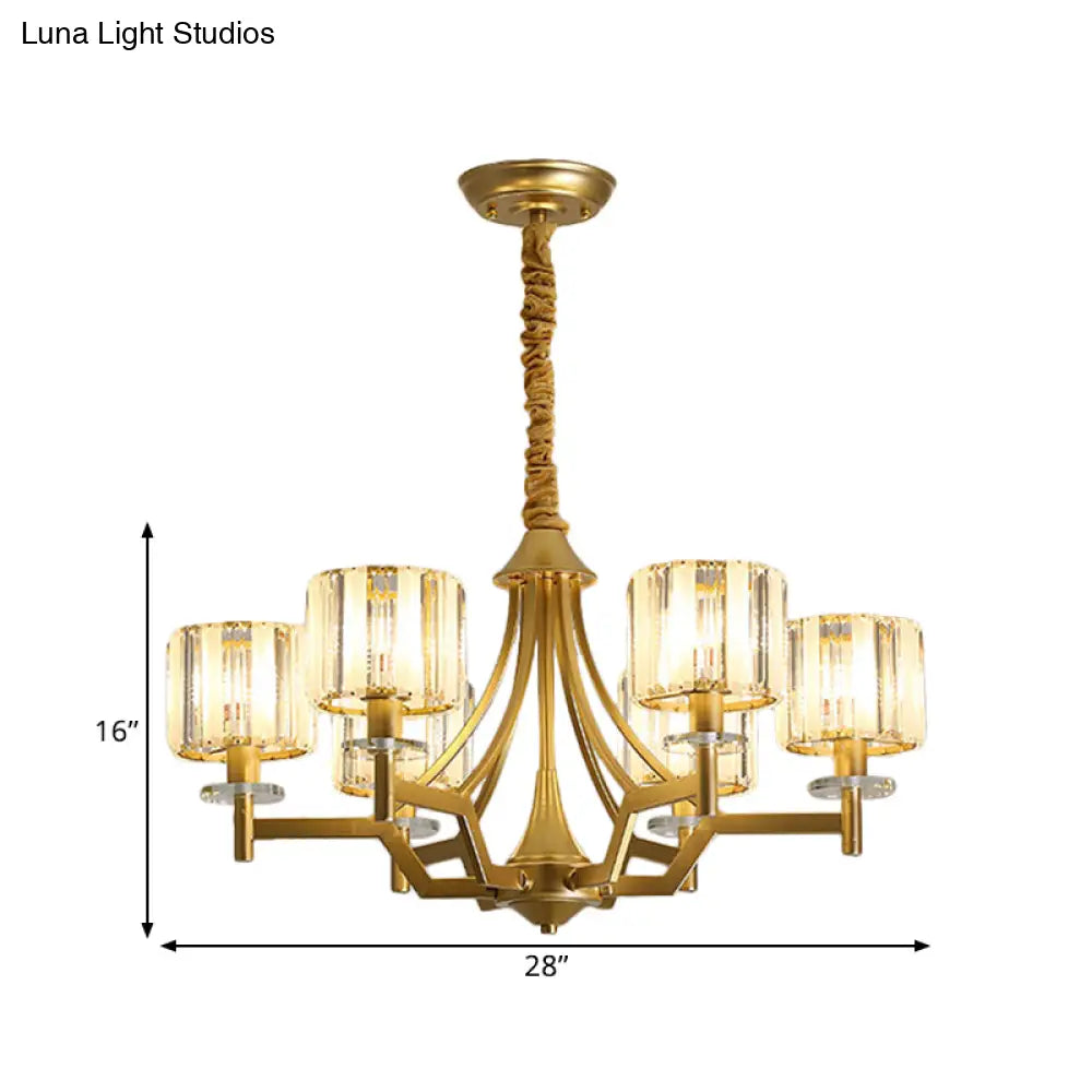 Gold Prismatic Crystal Cylinder Chandelier Lamp With 3/6 Bulbs - Postmodern Hanging Light