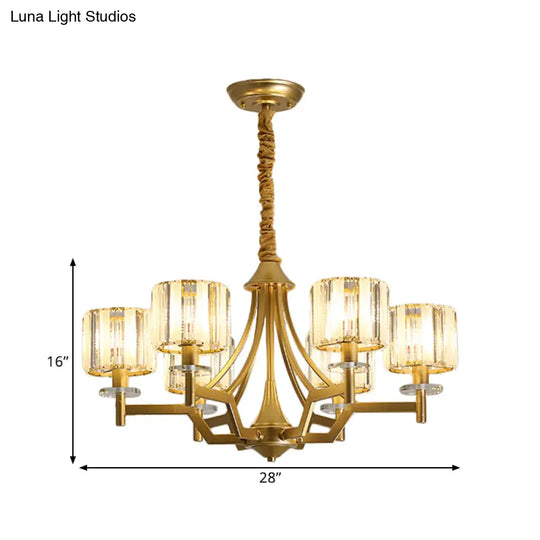 Gold Prismatic Crystal Cylinder Chandelier Lamp With 3/6 Bulbs - Postmodern Hanging Light