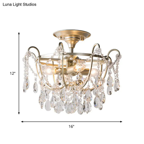 Gold Raindrop Crystal Ceiling Fixture With 4 Bulbs For Traditional Drawing Rooms