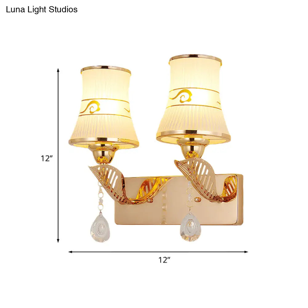 Gold Ribbed Glass Wall Sconce Light - Traditional 2-Bulb Fixture For Dining Room