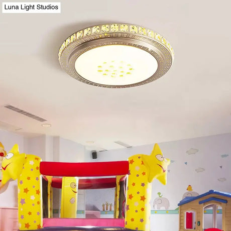 Gold Round Led Flush Mount Ceiling Light With Crystal Decor For Kindergarten