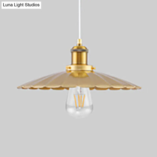 Scalloped Edge Gold Finish Metallic Hanging Light For Coffee Shops - 1 Bulb Pendant 12/14 Inch Width