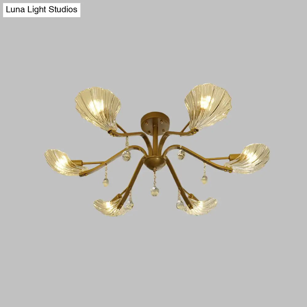 Gold Scalloped Shell Semi Flush Mount Crystal Chandelier - Countryside Parlor Ceiling Light