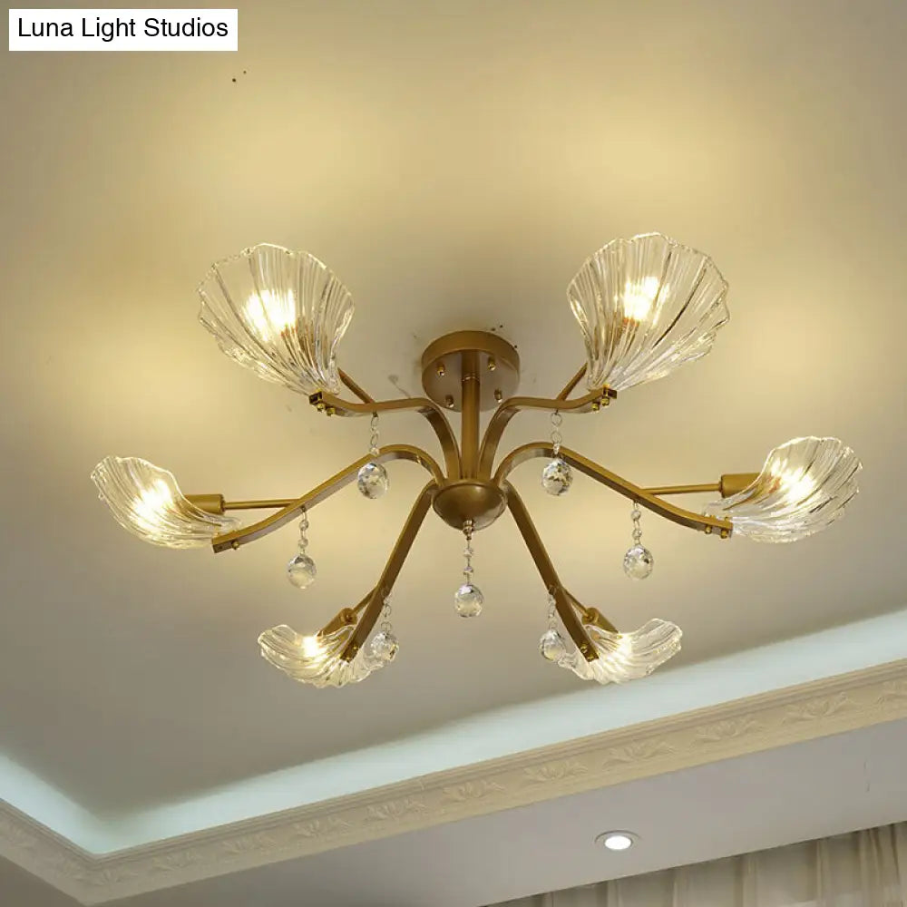 Gold Scalloped Shell Semi Flush Mount Crystal Chandelier - Countryside Parlor Ceiling Light