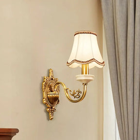 Gold Scalloped/Tapered/Curved Wall Mounted Bedside Light With Fabric/White Glass Shade 1 / A