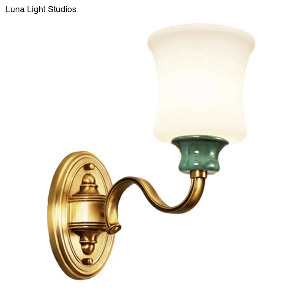 Gold Scalloped/Tapered/Curved Wall Mounted Bedside Light With Fabric/White Glass Shade