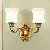 Gold Scalloped/Tapered/Curved Wall Mounted Bedside Light With Fabric/White Glass Shade 2 / C