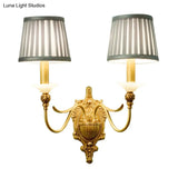 Gold Scalloped/Tapered/Curved Wall Mounted Bedside Light With Fabric/White Glass Shade