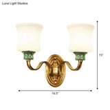 Gold Scalloped/Tapered/Curved Wall Mounted Bedside Light With Fabric/White Glass Shade