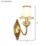 Gold Scalloped/Tapered/Curved Wall Mounted Bedside Light With Fabric/White Glass Shade