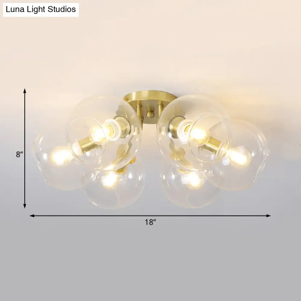 Gold Semi Flush Mount Sphere Light With 6 Led Bulbs