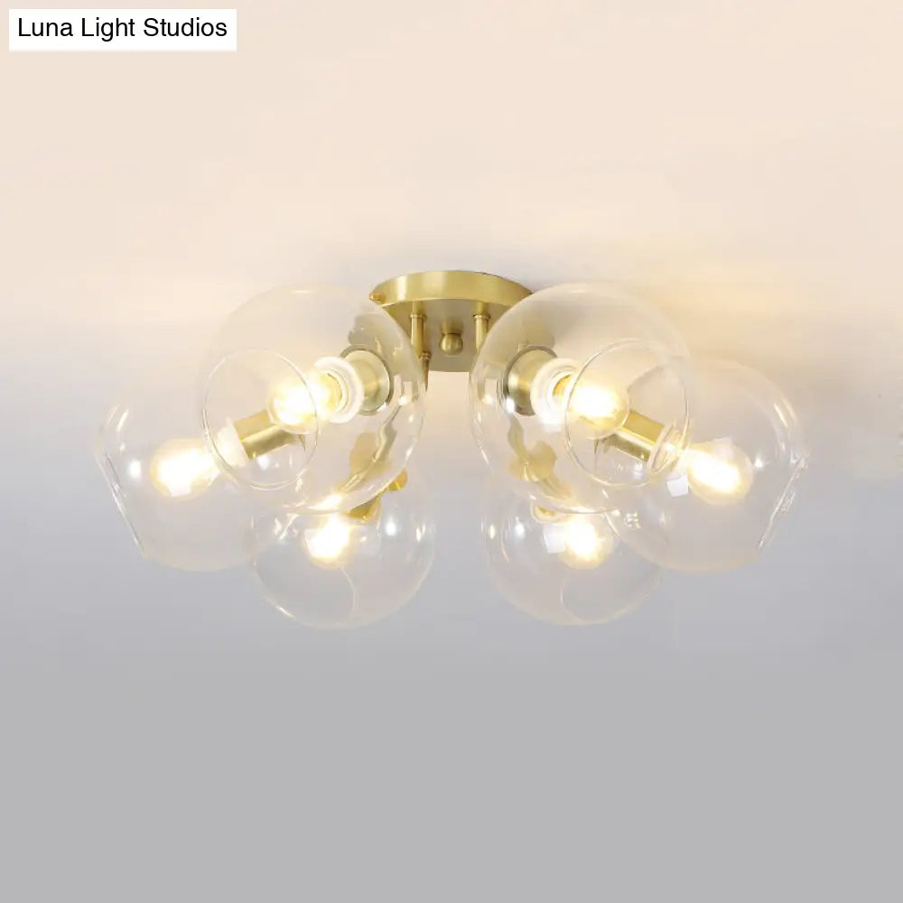 Gold Semi Flush Mount Sphere Light With 6 Led Bulbs