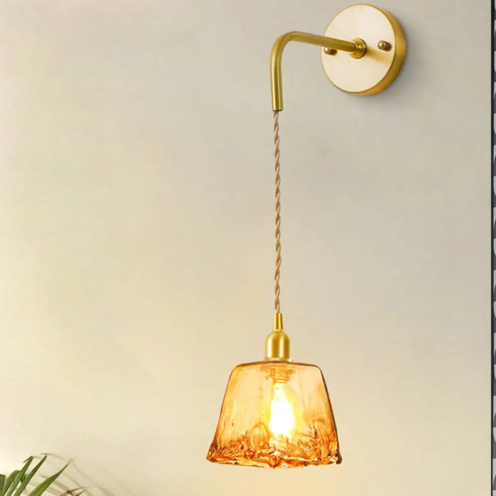 Gold Tan Glass 1-Light Wall Sconce Fixture Colonial Cone/Trapezoid/Flat Design For Living Room Cord